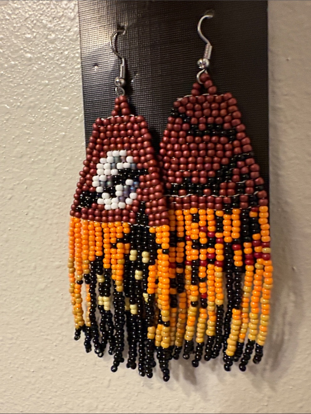 Handmade Beaded Fringe Earrings in Brown & Orange